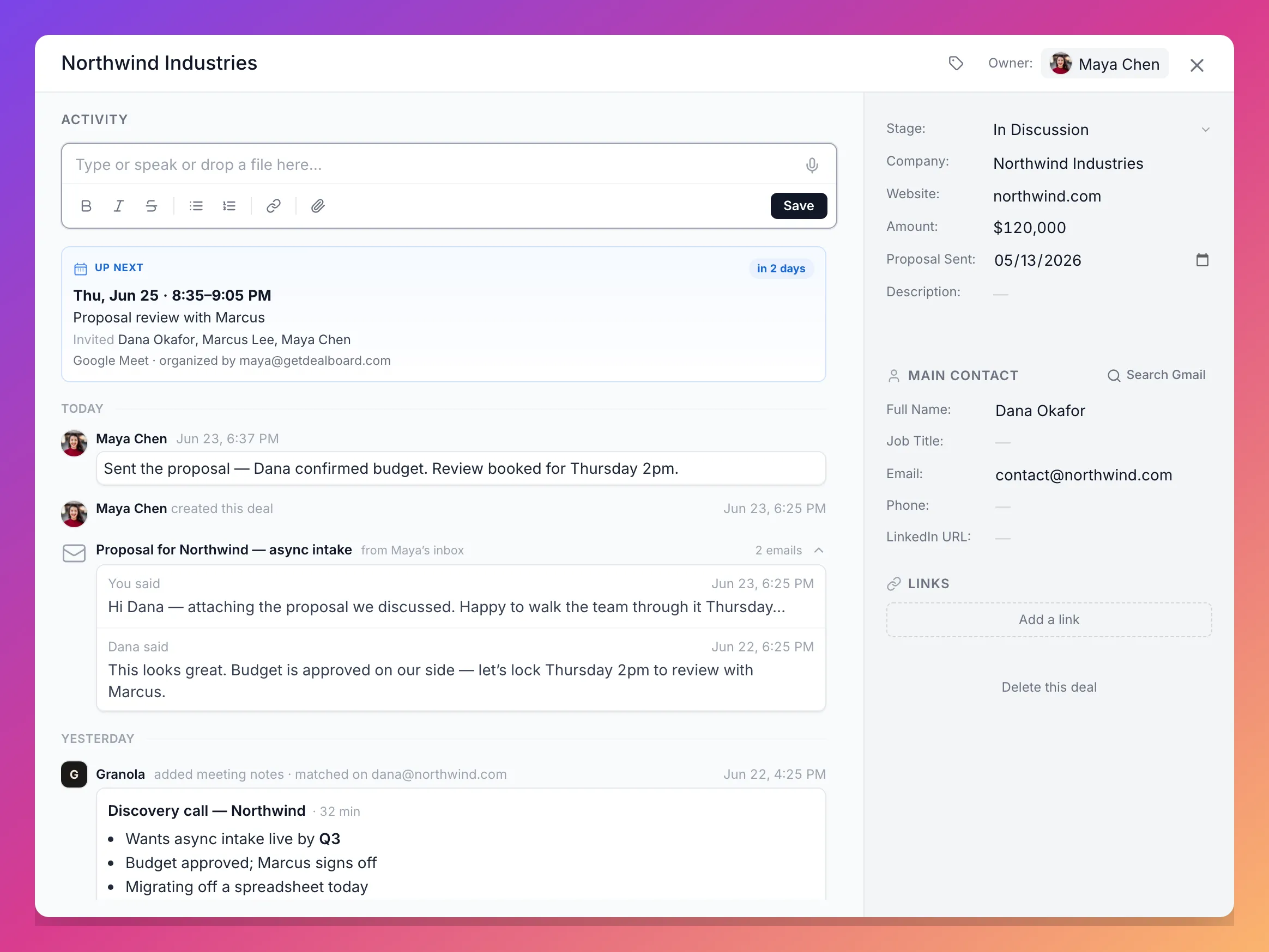 A Dealboard deal with emails, Granola call notes, and an upcoming meeting on one threaded activity timeline