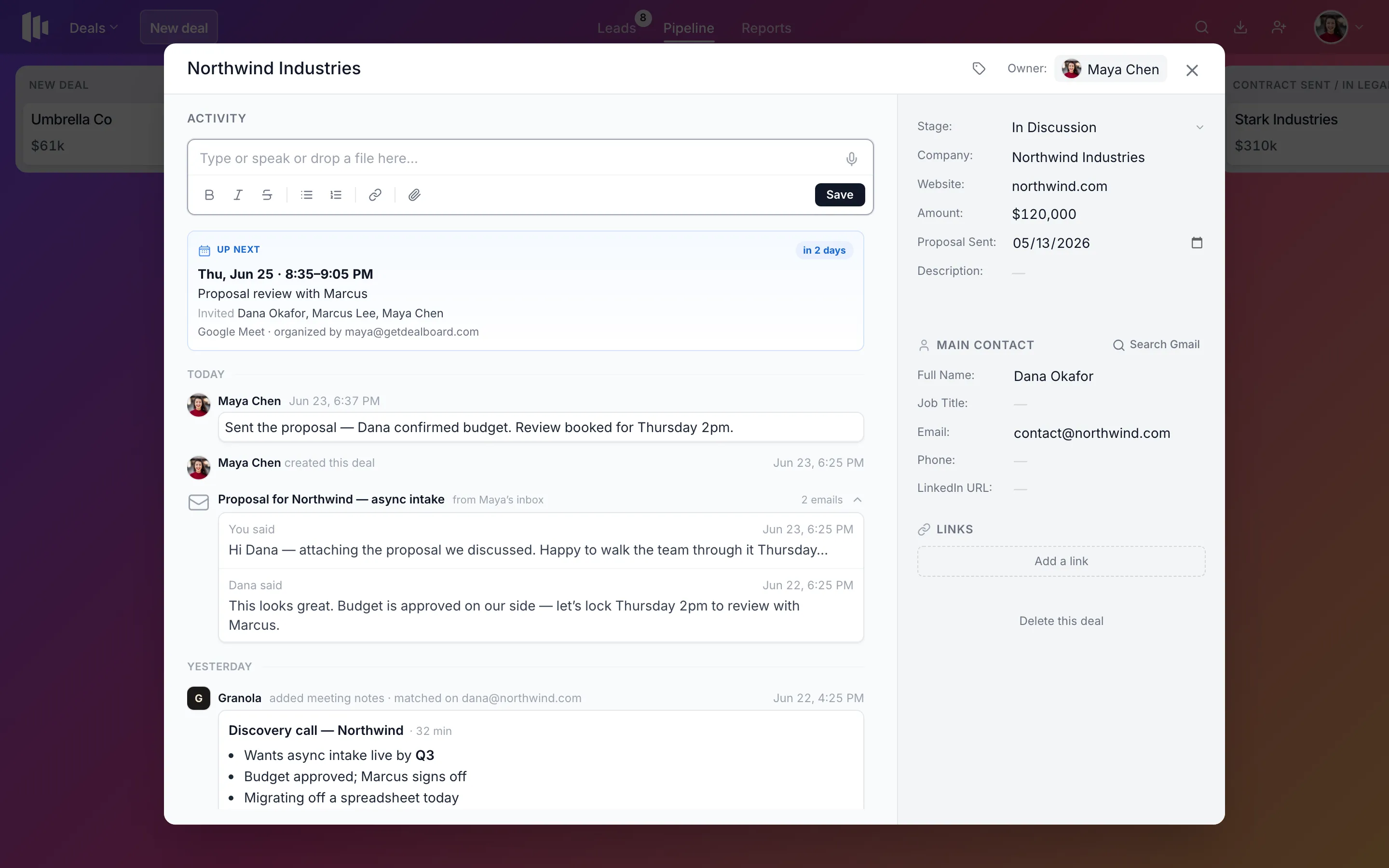 A Dealboard pipeline with deals across stages and teammate avatars