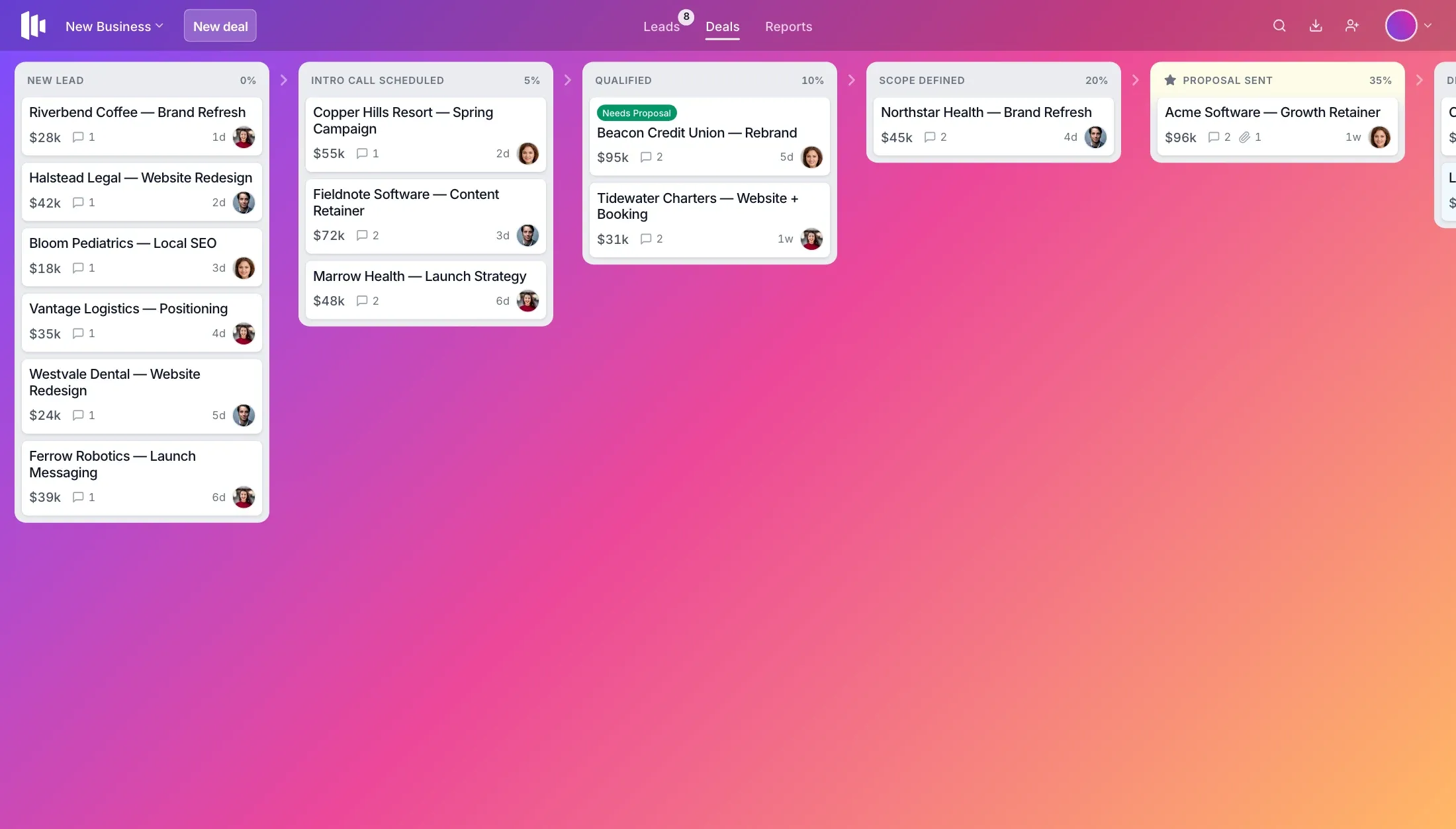 A Dealboard new-business board showing agency engagements across New Lead, Qualified, Scope Defined, Proposal Sent, and Booked stages