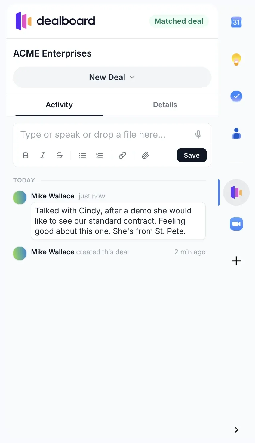 The Dealboard sidebar inside Gmail showing a matched deal for ACME Enterprises, with its stage, an activity feed and a note just added