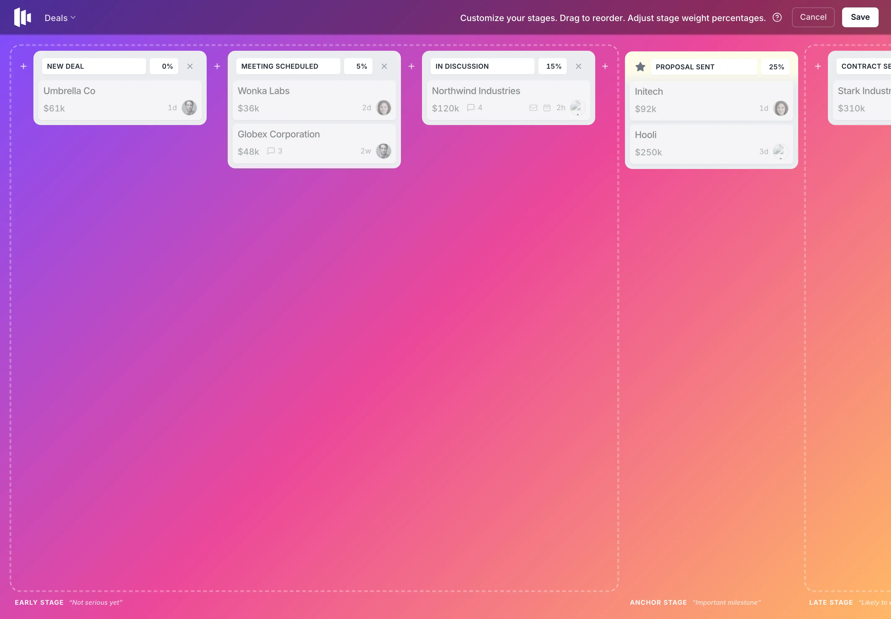 Customizing pipeline stages and win probabilities in Dealboard