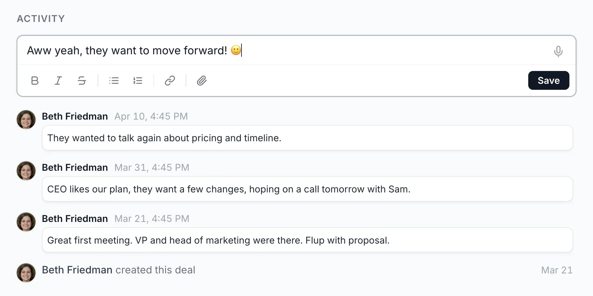 Note activity feed with typed notes and rich text editor